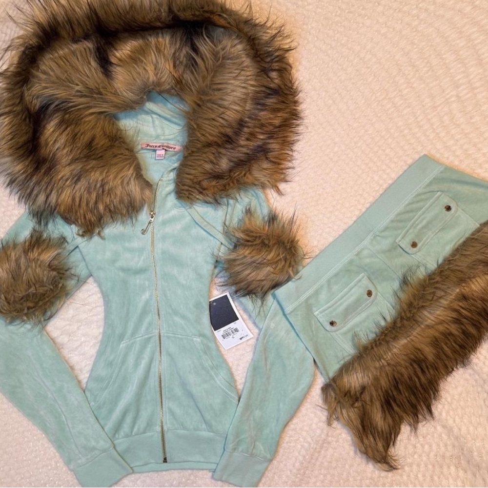 Mint Green Fur Trim Hoodie and Skirt Set